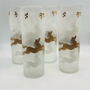 Vintage MCM Libbey Cavalcade Frosted Collins Glasses/Tumblers White & Gold Horse